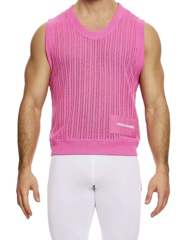 Modus Vivendi Striped Crochet Sleeveless Vest Knitted Tank Top Pink 07431 B1013