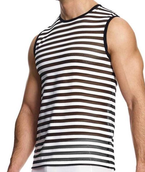 Modus Vivendi Striped Through Sleeveless Tank Top Fishnet Tight Fit BLK 01432 991