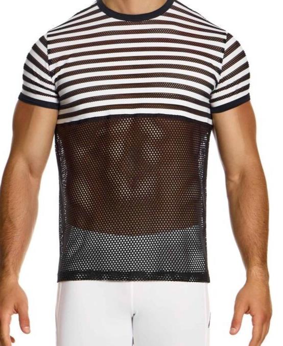 Modus Vivendi T-Shirt Striped Through Jacquard Fishnet Shirts Black/White 014412