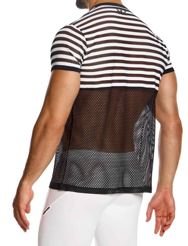 Modus Vivendi T-Shirt Striped Through Jacquard Fishnet Shirts Black/White 014413