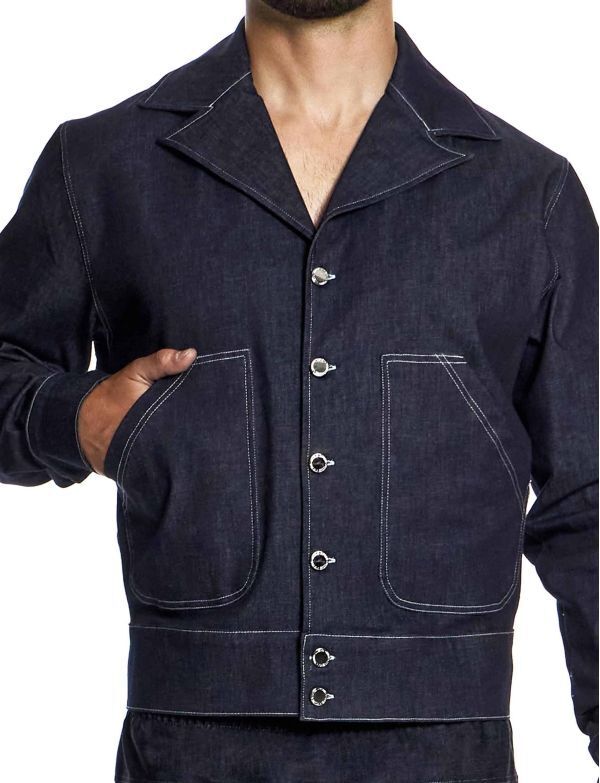 Modus Vivendi Woven Denim Blue Jacket Notch Collar Opening Front Pocket 11451 B443
