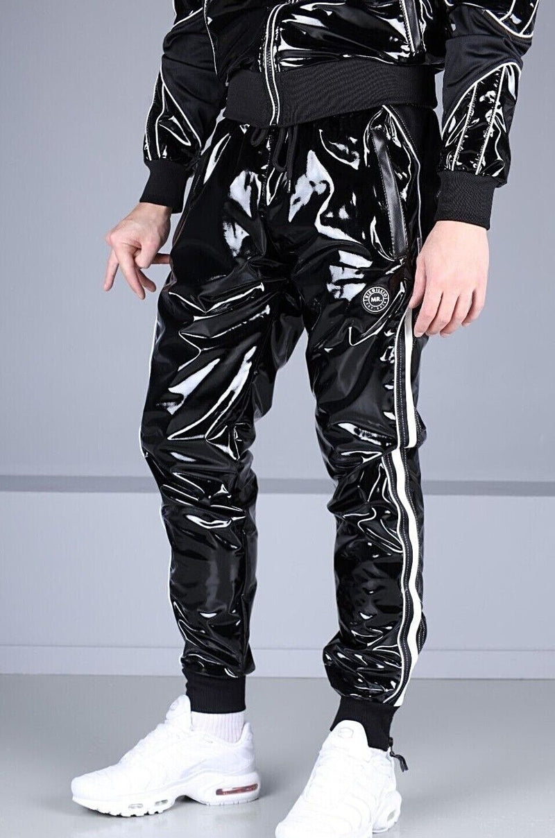 MR. RIEGILLIO PVC Tracksuit Pants 24 Shiny Black With White Piping R10441