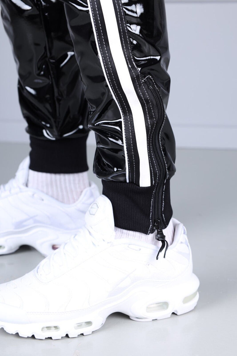 MR. RIEGILLIO PVC Tracksuit Pants 24 Shiny Black With White Piping R10444