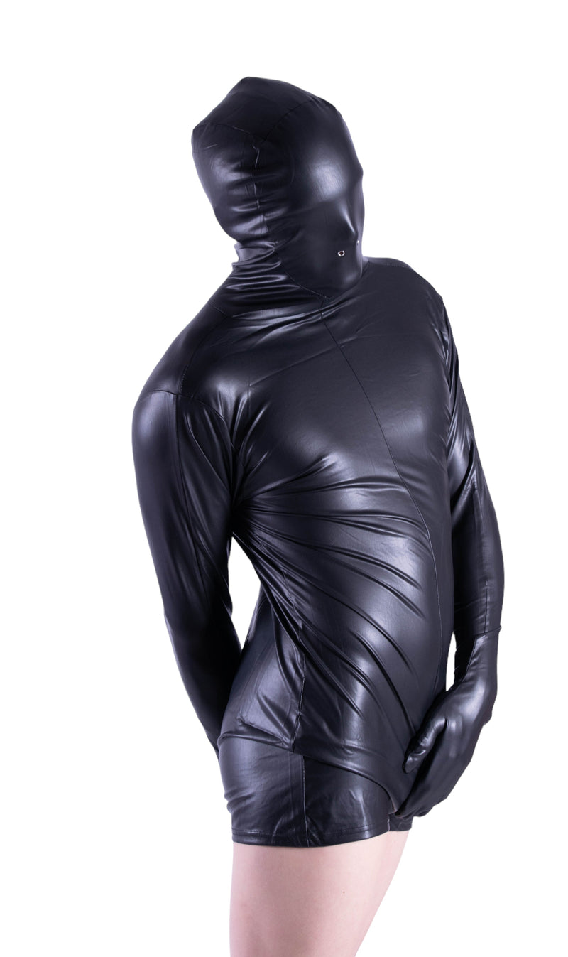 SMU fashion WETLOOK Hooded Body suit singlet Shiny Black 23252 10