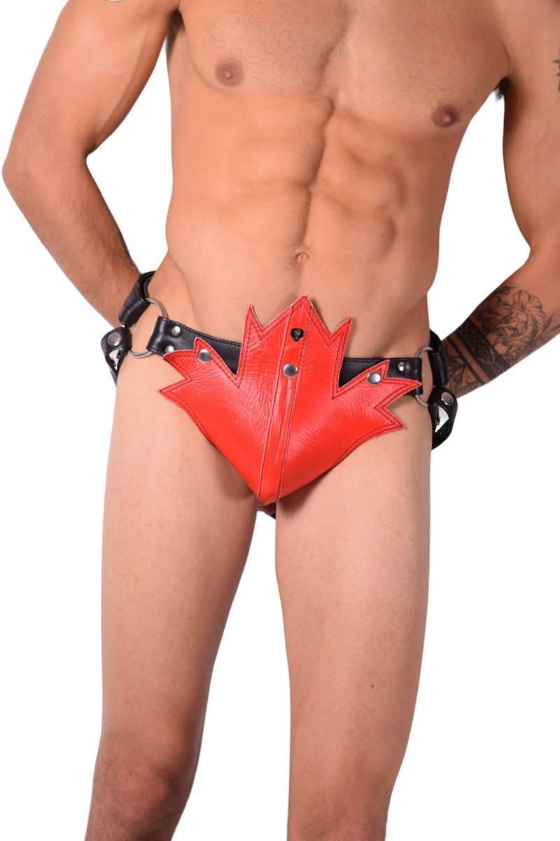 Smu red maple leaf leather jockstrap