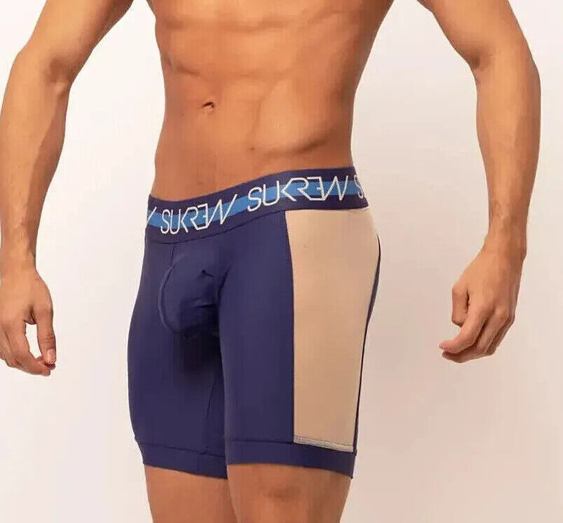 SUKREW Long Boxer SPRINT Cycle Short With Large Contoured Pouch in Navy/Cream