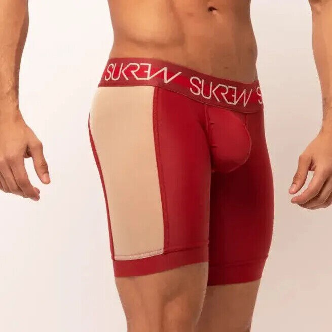SUKREW Long Boxer SPRINT Soft Cycle Short Large Contoured Pouch Burgundy/Cream