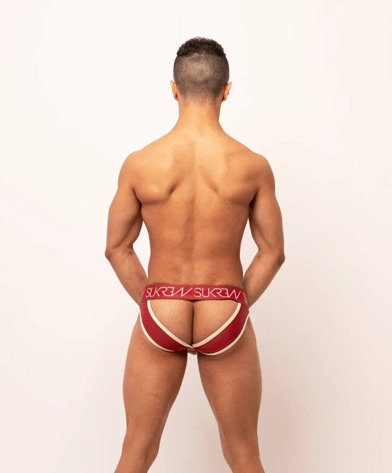 SUKREW U-Style V-Briefs Front Opening & Two Back Lifting Straps Burgundy/Cream