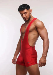 SUKREW V - Neck Singlet Bum Accentuating Bodysuit Low - Cut Side in Liberty Red 382