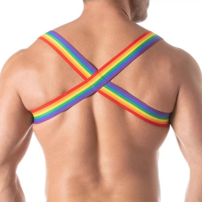 TOF PARIS Elastic Chest Harness X - Back with Side Rings Pride Rainbow 802