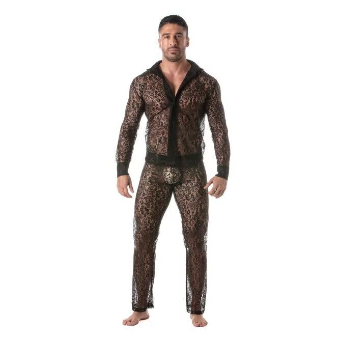 TOF PARIS Floral Lace Long Sleeves Shirt Satin Italian Collar Black 144