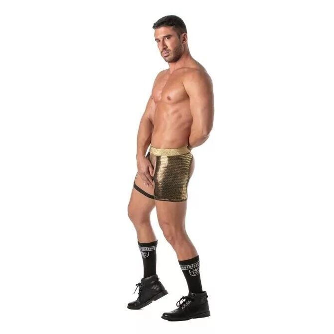 TOF PARIS Glitter Shorty Chaps Elastic Bands Open Front Laminated Gold 743