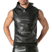 TOF PARIS Kinky Sleeveless hoodie Tank Faux Leather, Large Zipped Pocket 454