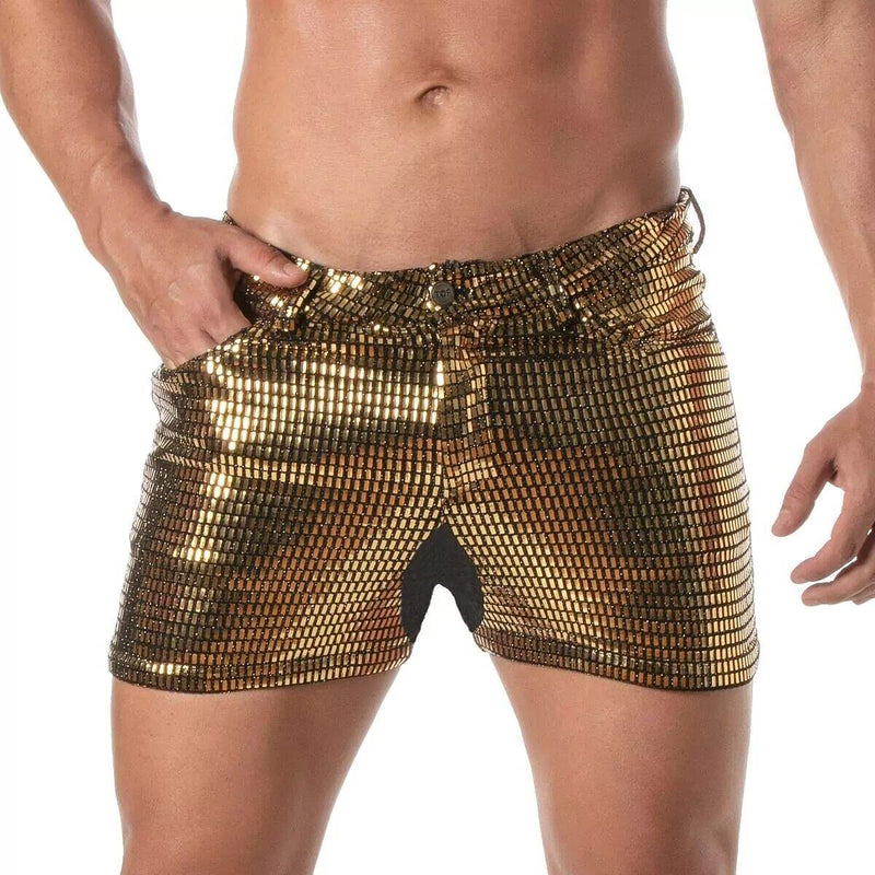 TOF PARIS Short Low - Rise Glitter 5 Pockets Mid - Thigh Shorts Sequins Gold 521