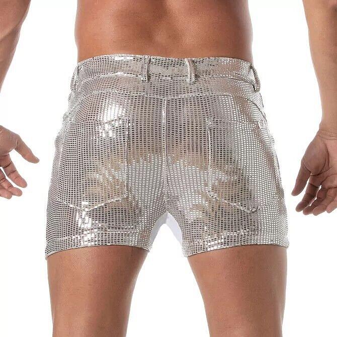 TOF PARIS Short Low - Rise Glitter 5 Pockets Mid - Thigh Shorts Sequins Silver 522