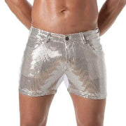 TOF PARIS Short Low - Rise Glitter 5 Pockets Mid - Thigh Shorts Sequins Silver 521