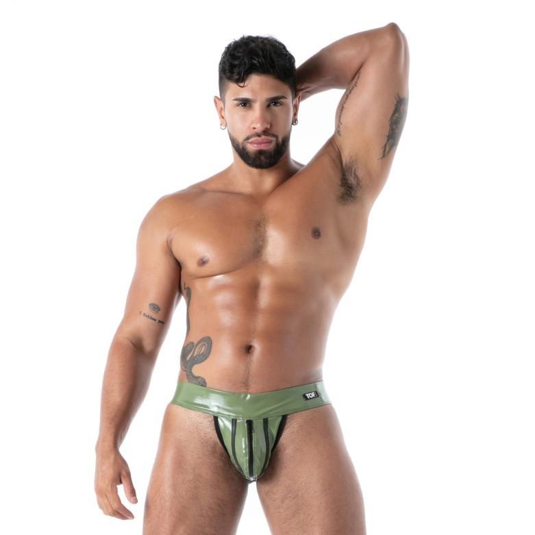 TOF PARIS Zipped Jock Latex Second - Skin Datex Jockstrap Khaki T12