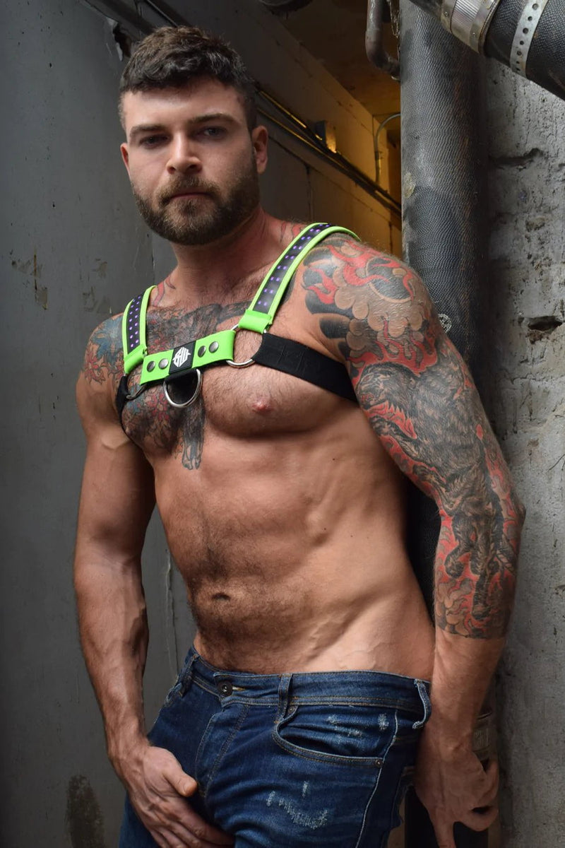 20-LED COLORS HARNESS BREEDWELL STARLIGHT BULLDOG HARNESS NEON GREEN - SexyMenUnderwear.com