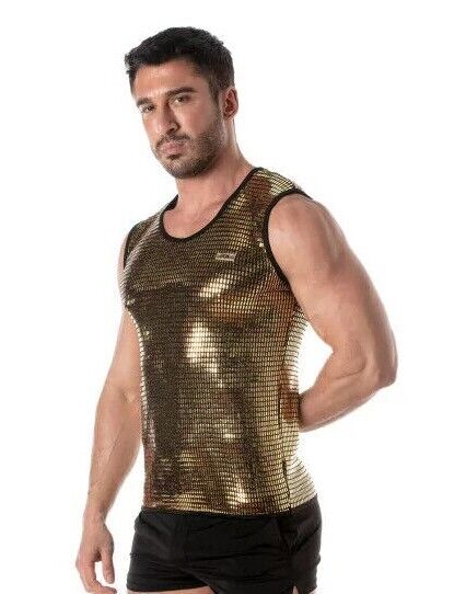 TOF PARIS Glitter Form-Fitting Tank Top Fashion Sequin Gold 49