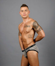Andrew Christian Brief Sheer Stripe Briefs Sporty Slip Black & Gray 91312 43 - SexyMenUnderwear.com