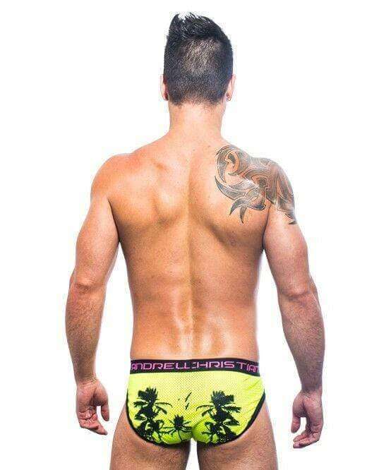 Andrew Christian Briefs California Palms Mesh Slips Brief Neon Yellow 90927 9 - SexyMenUnderwear.com