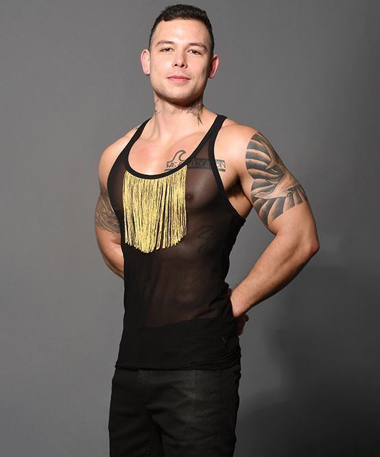 ANDREW CHRISTIAN Tank UNLEASHED Gold Fringe Sheer Stretch Tank Top 2883 80 - SexyMenUnderwear.com