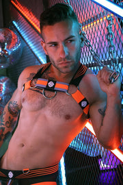 BREEDWELL Akira Adjustable Body Harness Reflective Trim in Orange Neon - SexyMenUnderwear.com