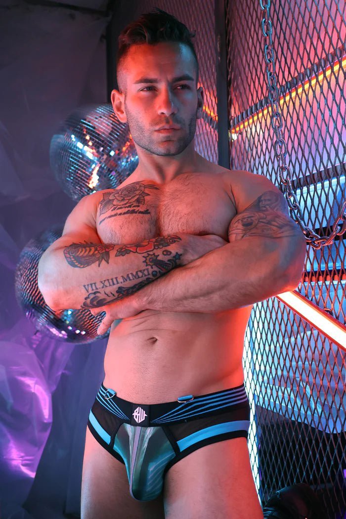 BREEDWELL Akira Brief 3M Reflective Trim and Sheer Inset Aqua Blue - SexyMenUnderwear.com