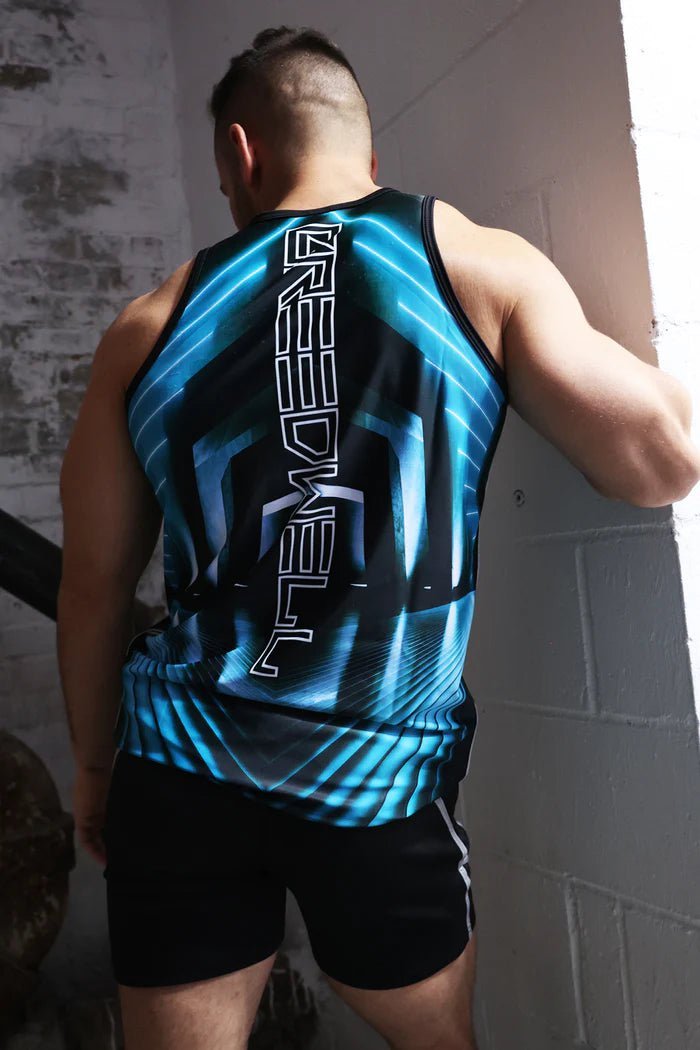 BREEDWELL AKIRA Tank Top Athletic Stretch PVC Patch 3M Reflective Aqua Blue - SexyMenUnderwear.com