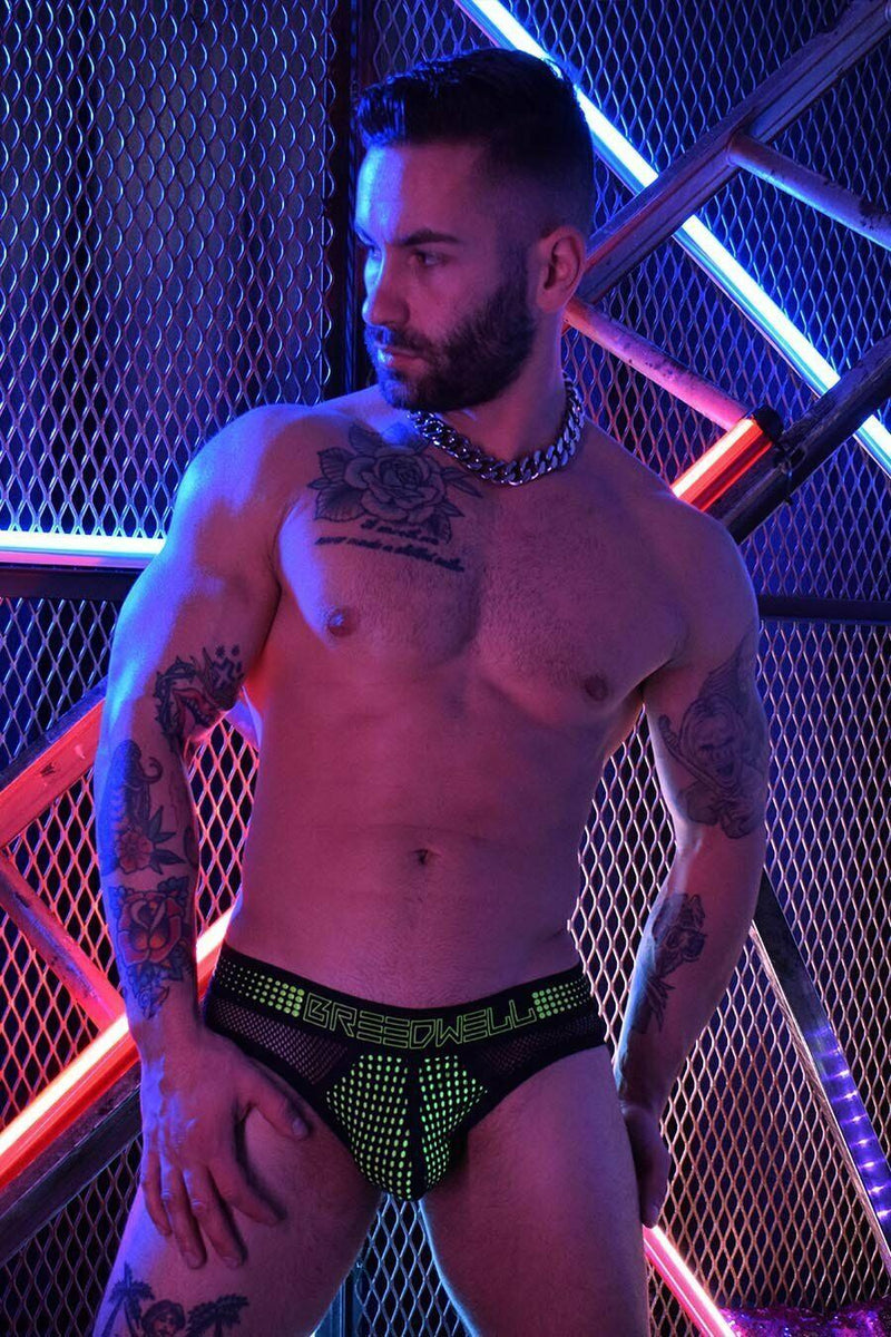 BREEDWELL Brief ManHole Collection Laser-Cut Mesh Panels Briefs Neon Green 15 - SexyMenUnderwear.com