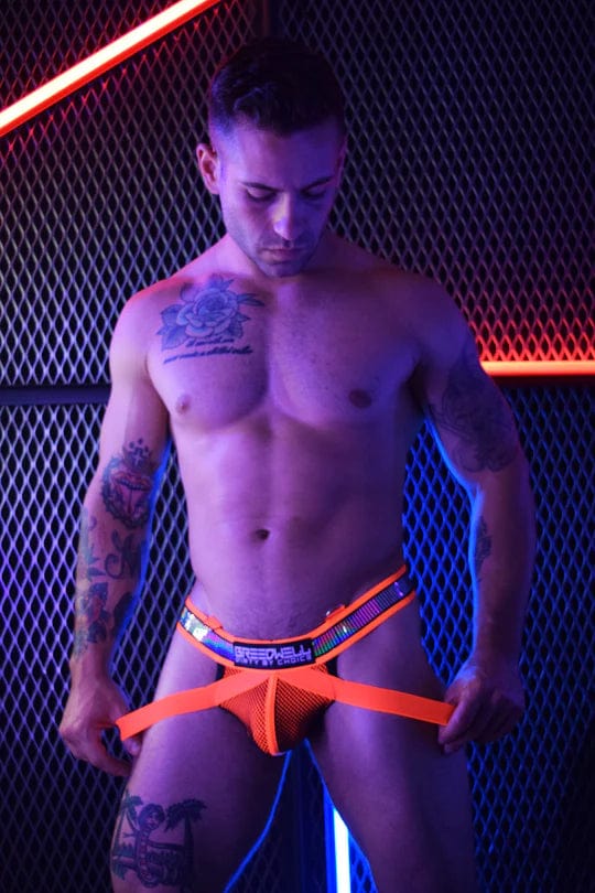 BREEDWELL Crossover UV Reflector Jockstrap High-End Foil Stripe Neon Orange 2 - SexyMenUnderwear.com