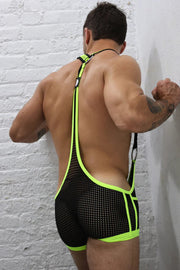 BREEDWELL Daycrawler Singlet 3D Rubberized Chevron Bodysuit in Yellow Neon - SexyMenUnderwear.com