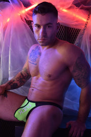 BREEDWELL Go-Go Boy Thong HEX Sheer Mesh Panels Knit Stretchy Jersey Neon Green - SexyMenUnderwear.com