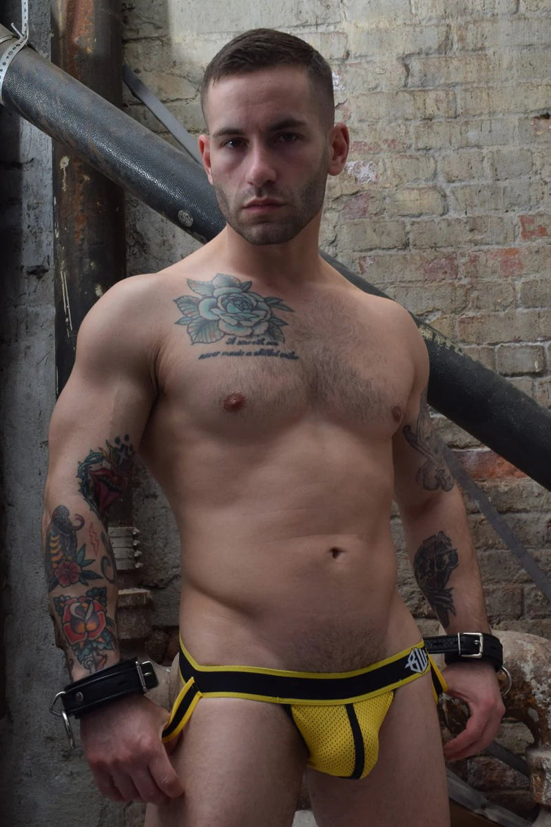 BREEDWELL Jockstrap BRUT Athletic Mesh Pouch & Contrast Cup Yellow Jock - SexyMenUnderwear.com