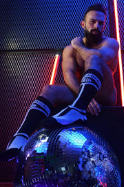 BREEDWELL Knee Socks HYBRED Bold Logo Lined Angled Black Sock - SexyMenUnderwear.com