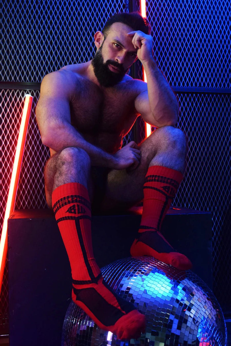 BREEDWELL Knee Socks Hybred Bold Logo Lined Angled Red Sock 14 - SexyMenUnderwear.com
