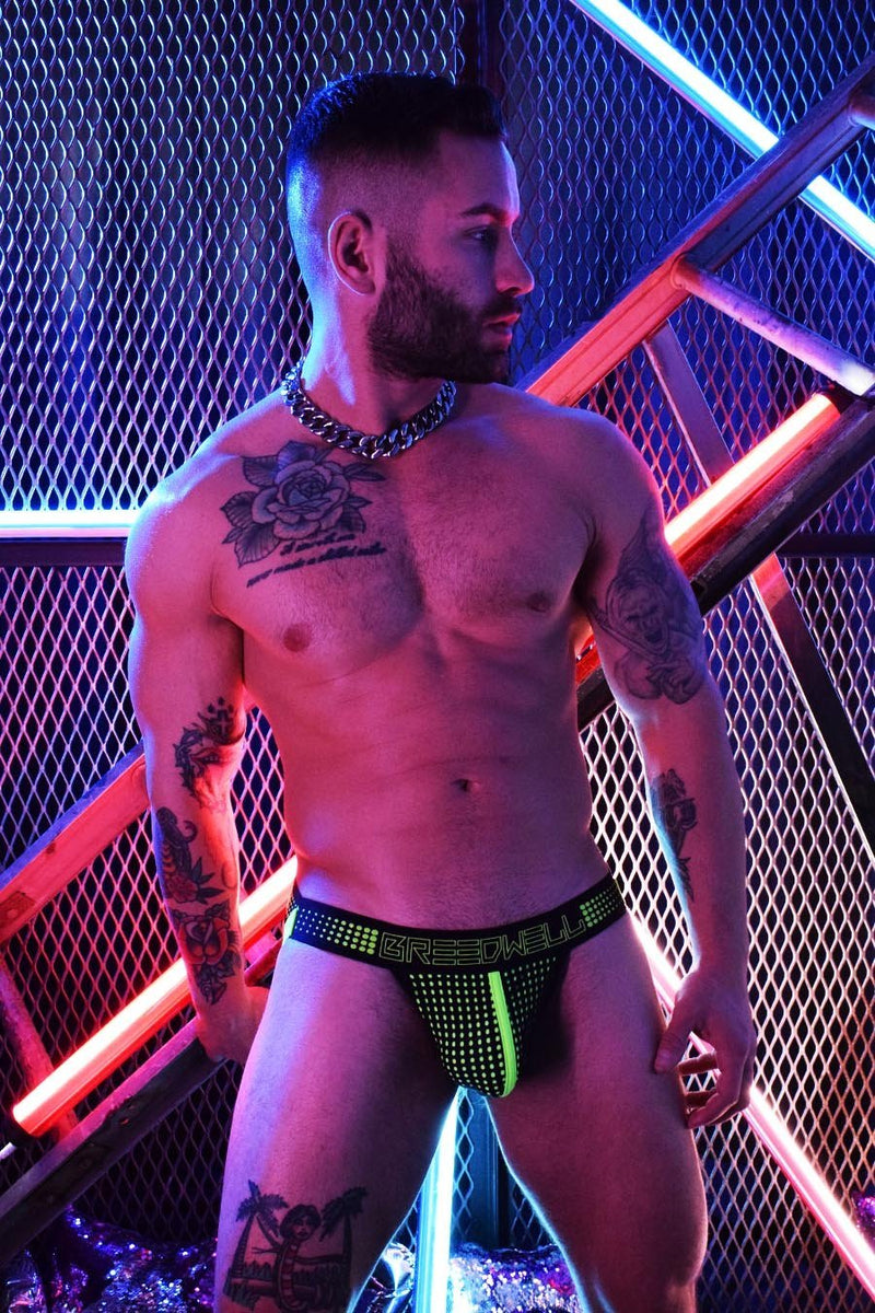 BREEDWELL "MANHOLE" Jockstrap Skinny Waistband Laser Cut Pouch Neon Green 18 - SexyMenUnderwear.com