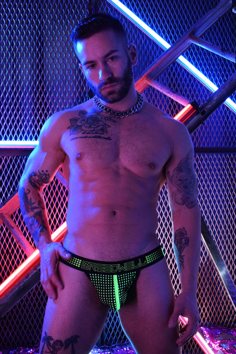 BREEDWELL "MANHOLE" Jockstrap Skinny Waistband Laser Cut Pouch Neon Green 18 - SexyMenUnderwear.com