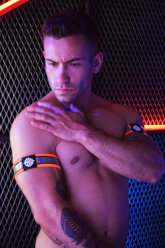 BREEDWELL Reflector Armbands Iridescent Foil Stripe Knit Neon Orange 35 - SexyMenUnderwear.com