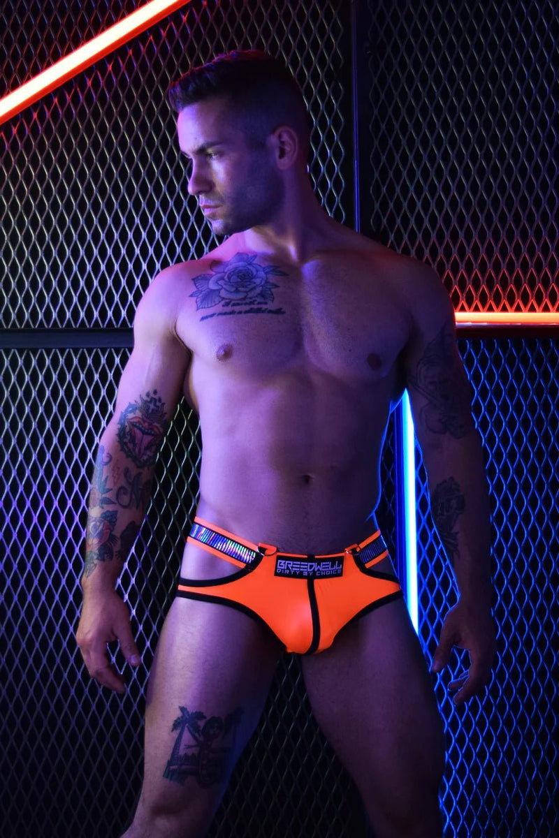 BREEDWELL REFLECTOR UV BLACKLIGHT BRIEFS WITH TWO D-RINGS NEON ORANGE 29 - SexyMenUnderwear.com