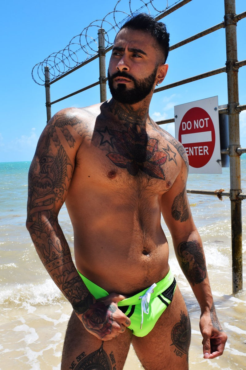 BREEDWELL Swim-Brief Cruiser 3d Logo Stripe Detail Mesh Panels Green Neon 10 - SexyMenUnderwear.com