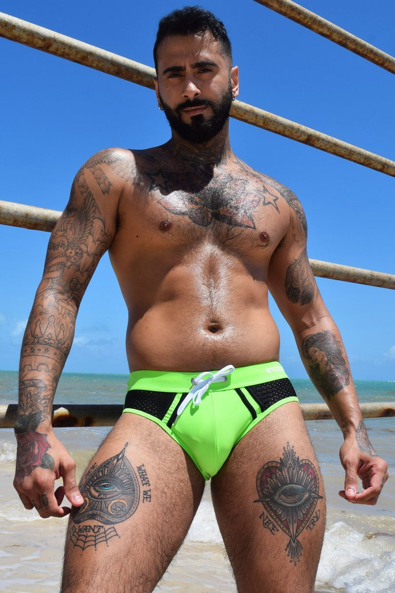 BREEDWELL Swim-Brief Cruiser 3d Logo Stripe Detail Mesh Panels Green Neon 10 - SexyMenUnderwear.com