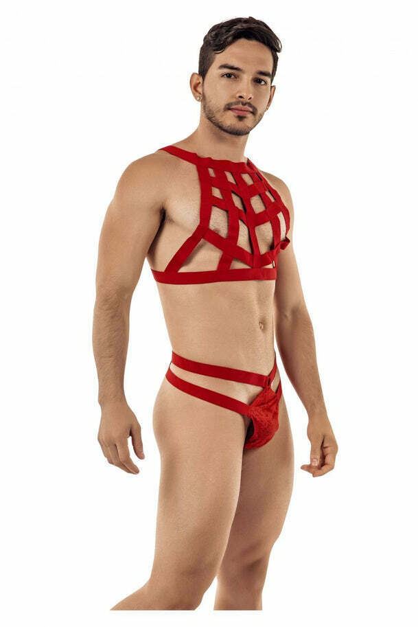 CANDYMAN Cage Harness Thong Stretchy Microfiber Red 99419 8 - SexyMenUnderwear.com
