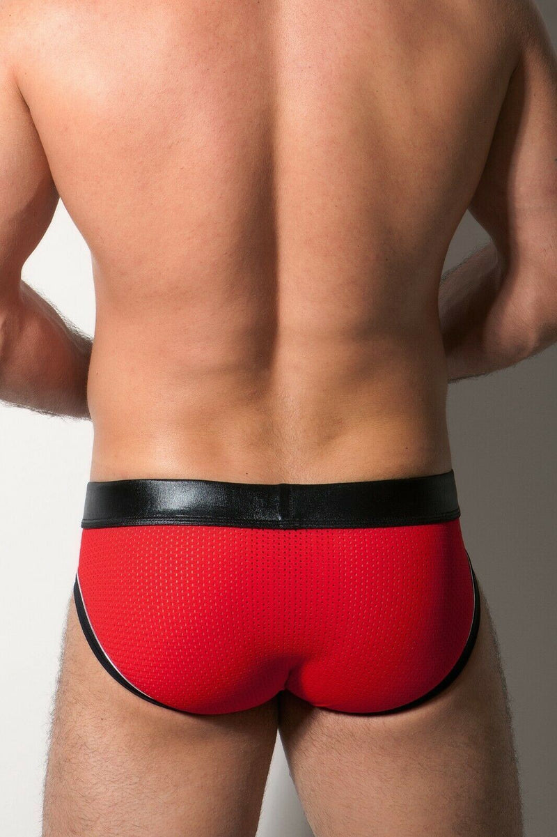 Destructive Fetish Brief Ergonomic Leather Pouch Extremely Breathable Red Mesh 8 - SexyMenUnderwear.com