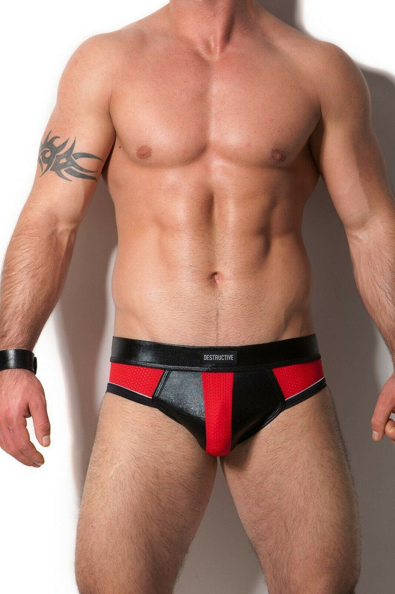 Destructive Fetish Brief Ergonomic Leather Pouch Extremely Breathable Red Mesh 8 - SexyMenUnderwear.com
