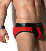 Destructive Fetish Brief Ergonomic Leather Pouch Extremely Breathable Red Mesh 8 - SexyMenUnderwear.com