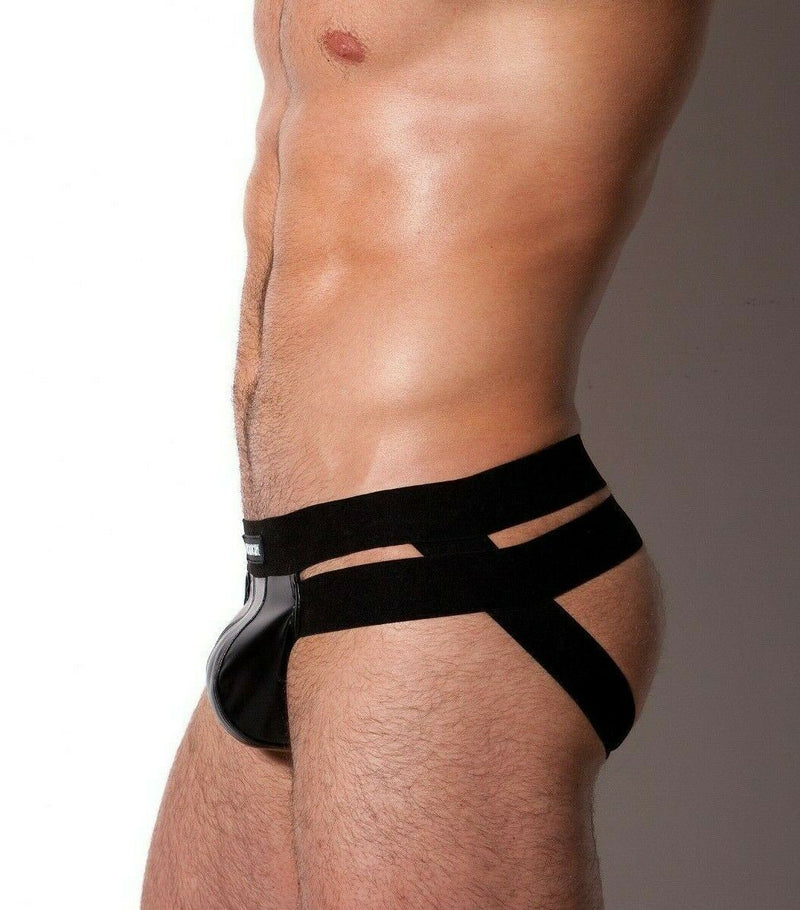Destructive Fetish Jockstrap Ergonomic Leather Pouch Double Waistband Black 2 - SexyMenUnderwear.com