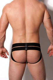 Destructive Fetish Jockstrap Ergonomic Leather Pouch Double Waistband Black 2 - SexyMenUnderwear.com