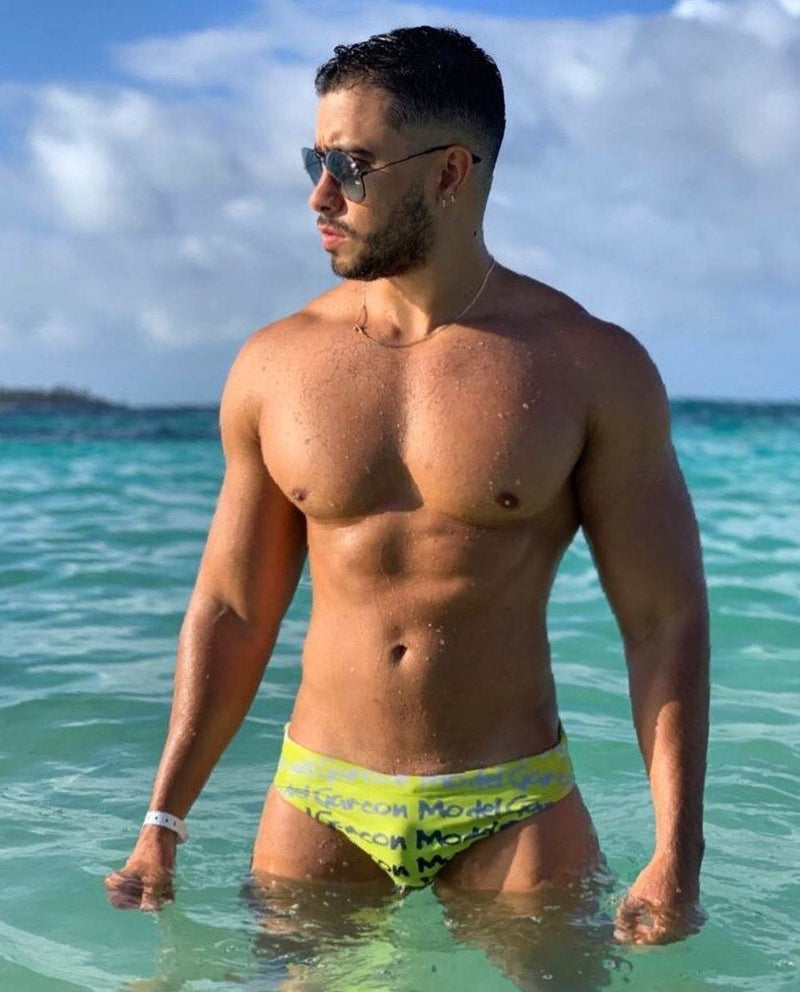 GARCON MODEL Swimwear Graffiti Low Rise Swim-Brief Zesty Yellow 9 - SexyMenUnderwear.com
