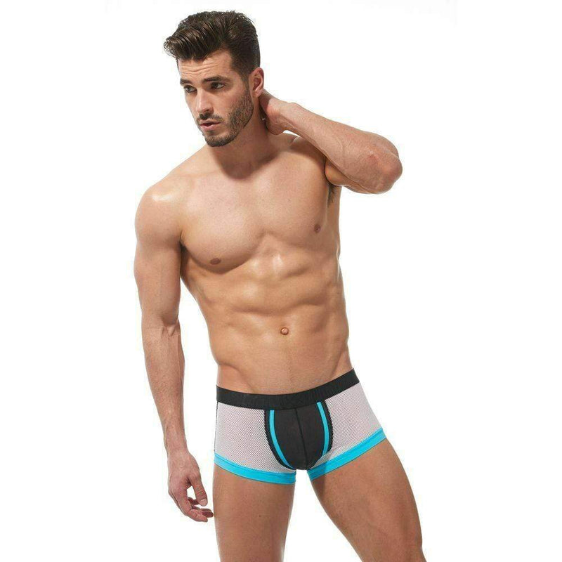 Gregg Homme Boxer Challenger Sporty Mesh Trunk White/Aqua 170505 63 - SexyMenUnderwear.com